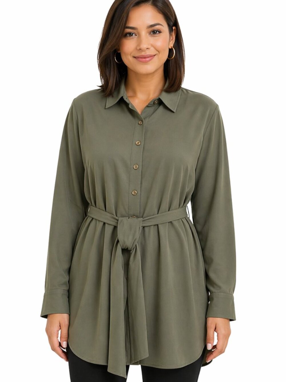 Medium long green shirt.  Long sleeve, button close with belt top. Lightweight